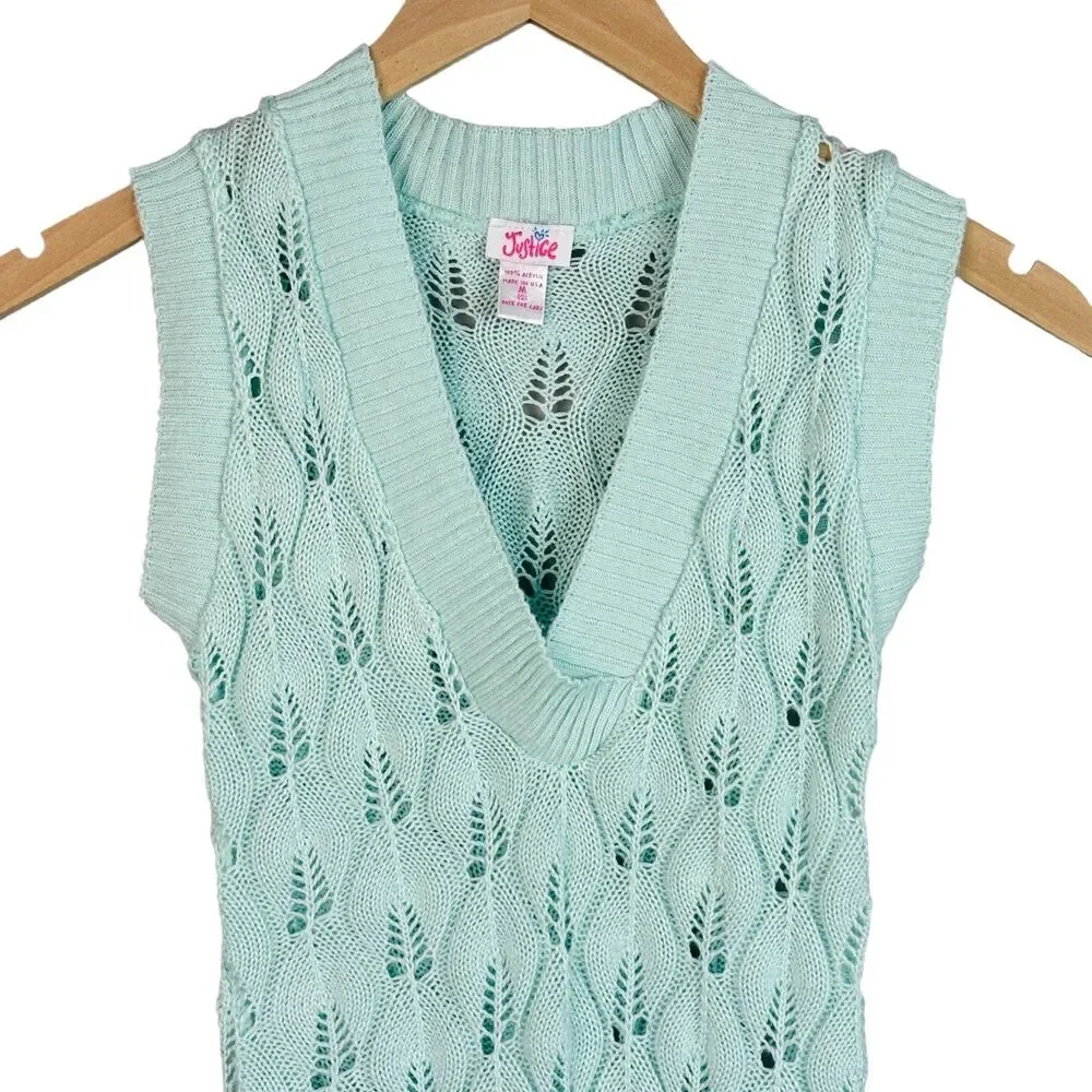 Vintage Y2K Justice Sweater Girls M Mint Green Open Knit Collegiate Preppy Fairy